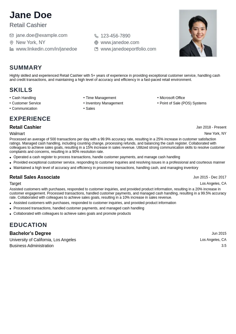 Retail Cashier resume example