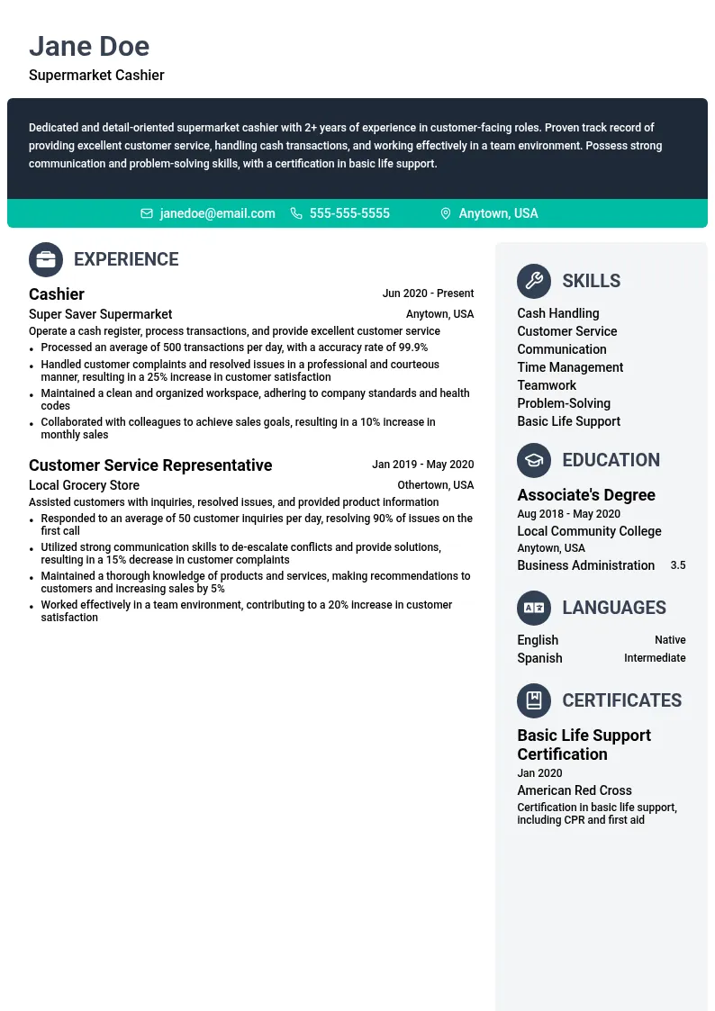 Supermarket Cashier resume example