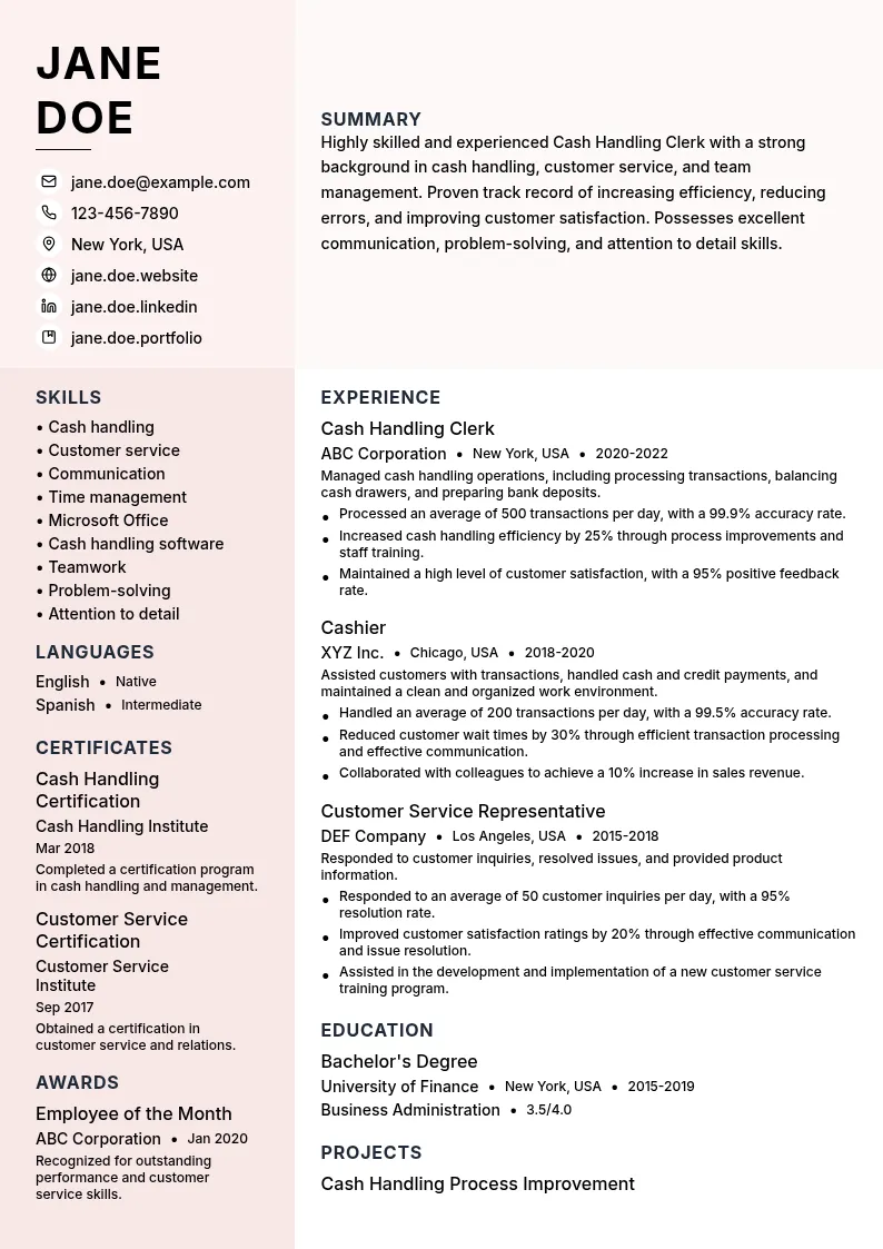 Cash Handling Clerk resume example