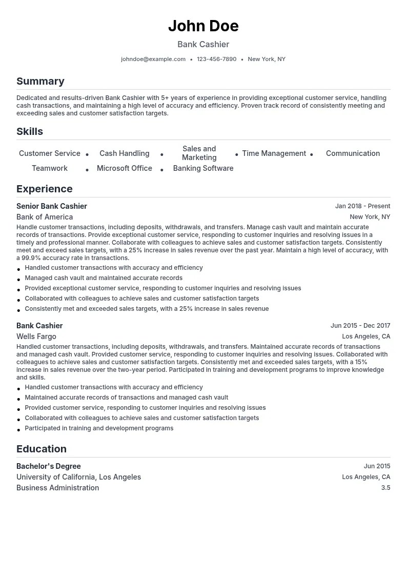 Bank Cashier resume example