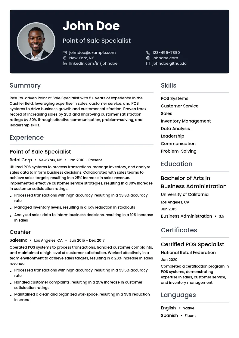 Point of Sale Specialist resume example