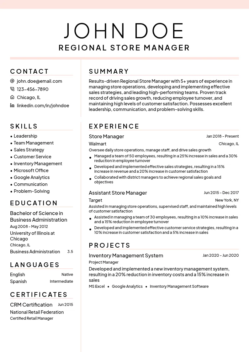Regional Store Manager resume example