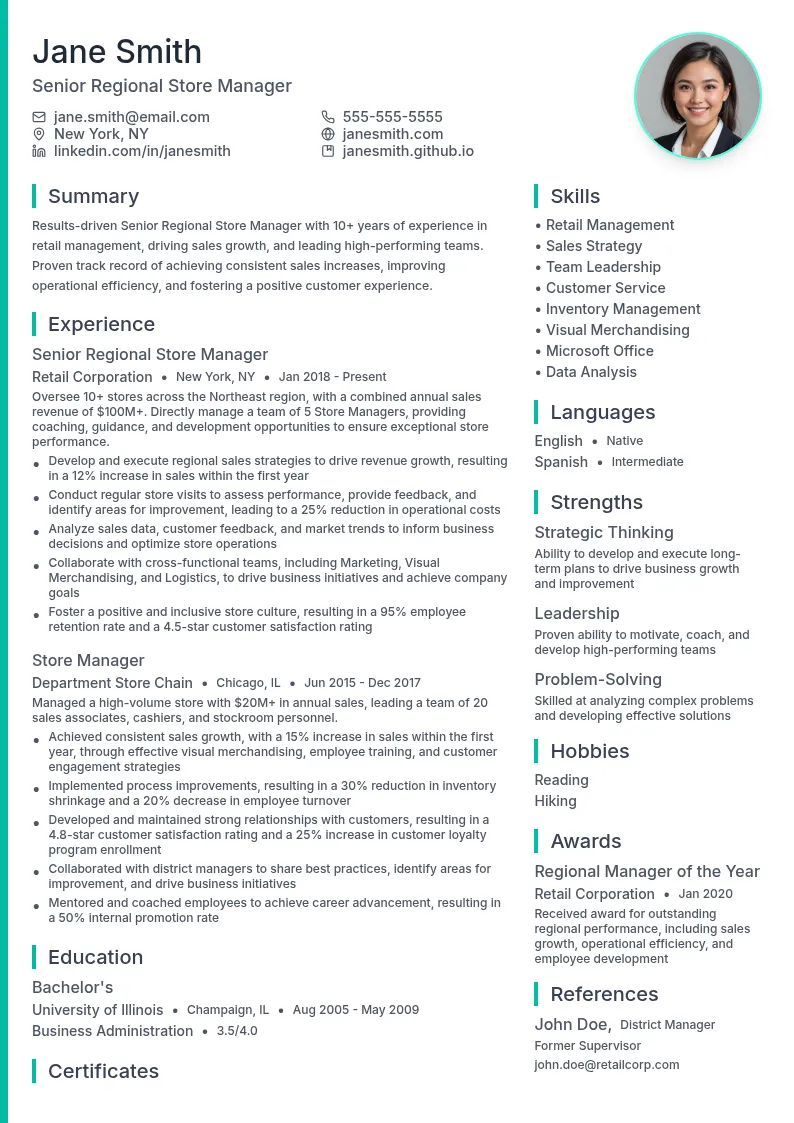 Senior Regional Store Manager resume example