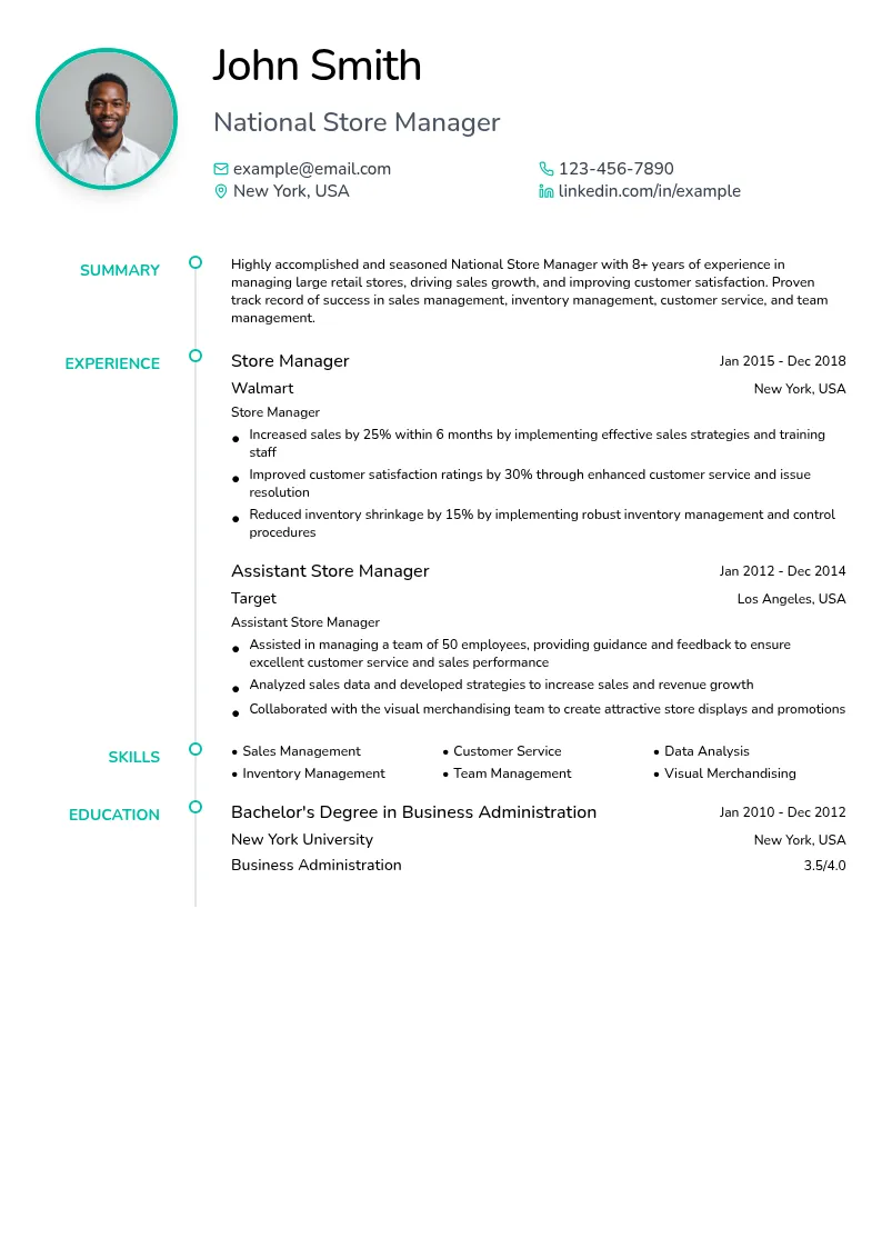 National Store Manager resume example