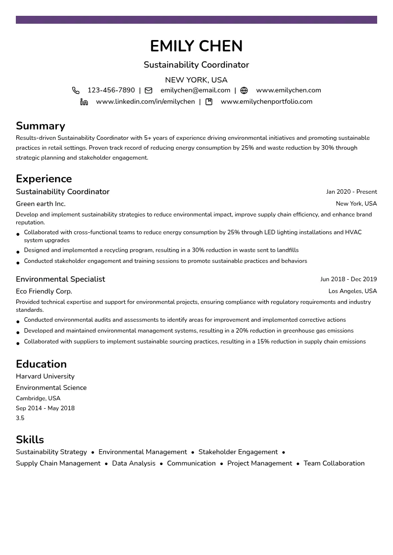 Sustainability Coordinator resume example