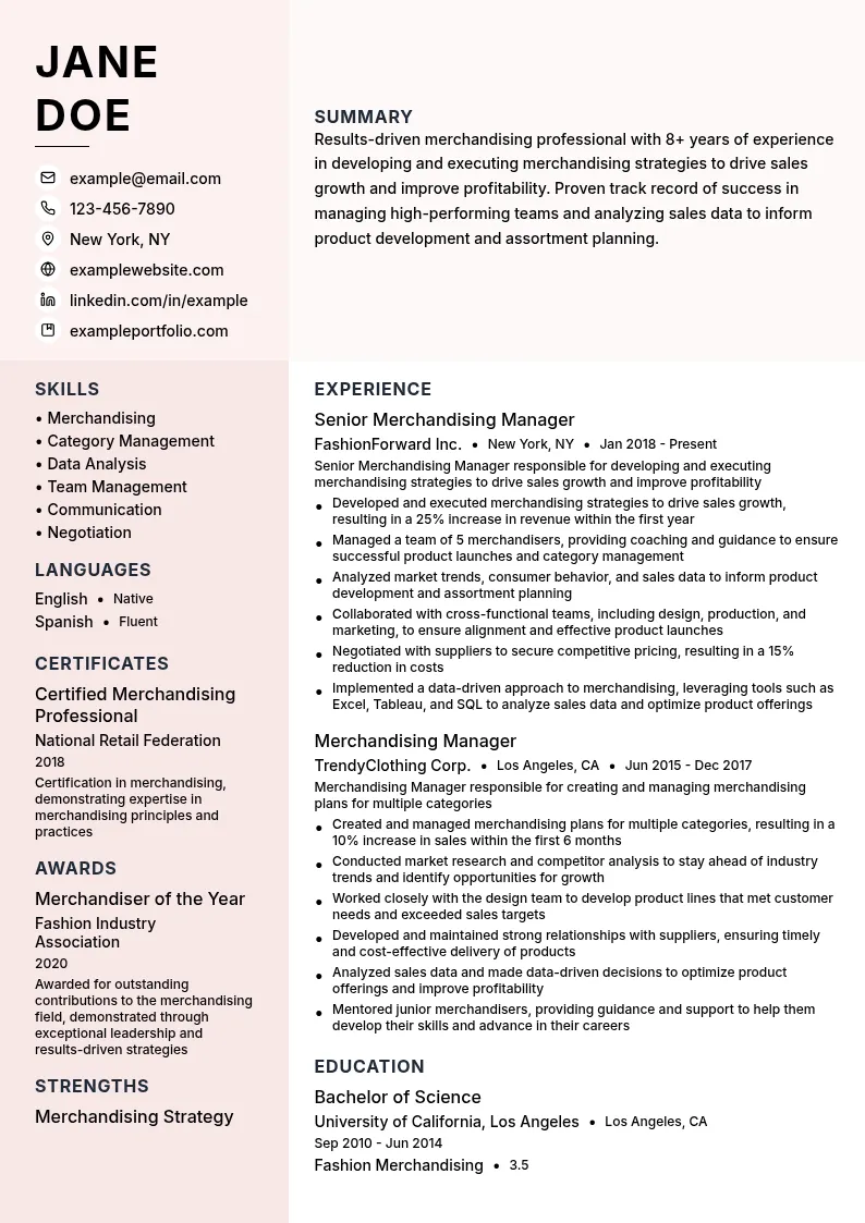 Manager (Merchandising) resume example