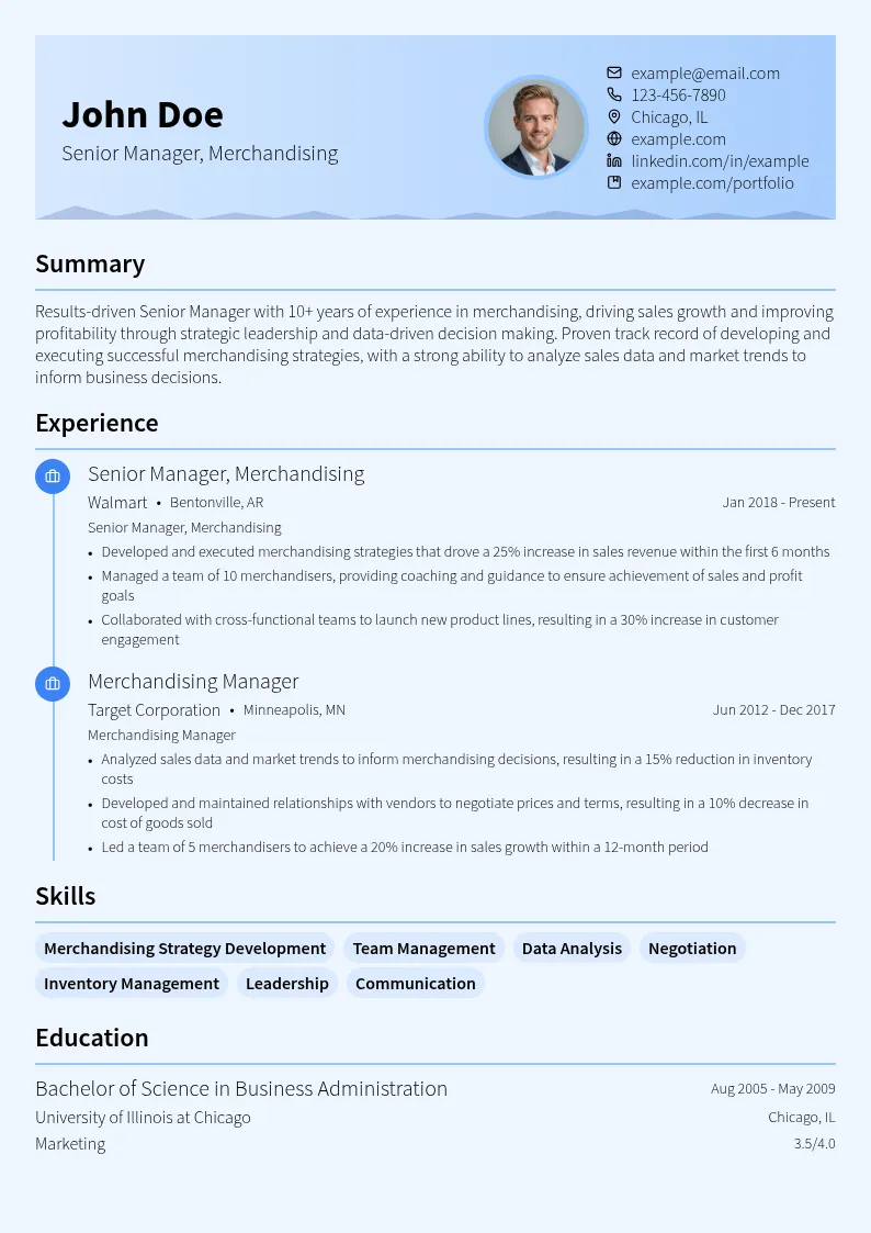 Senior Manager (Merchandising) resume example