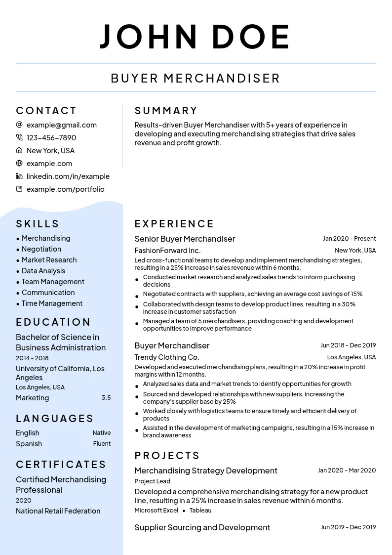 Buyer Merchandiser resume example