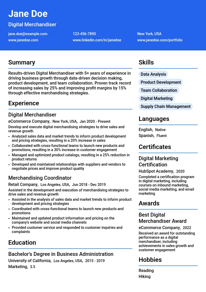 Digital Merchandiser resume example