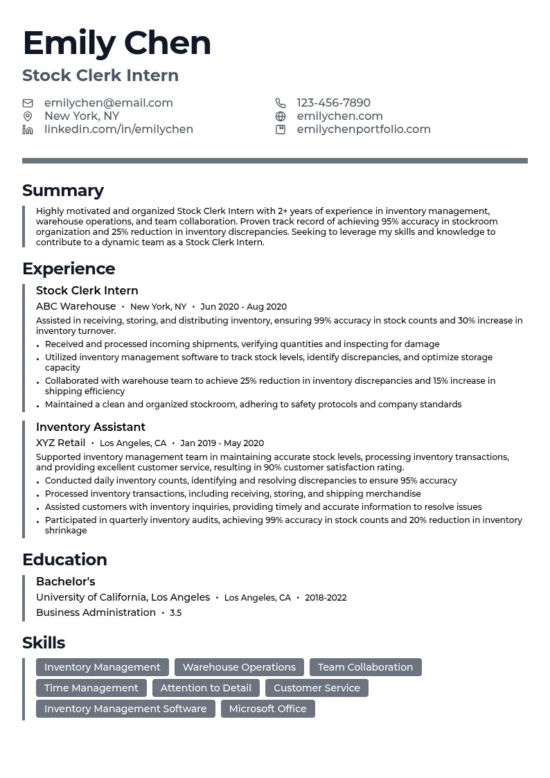 Stock Clerk Intern resume example