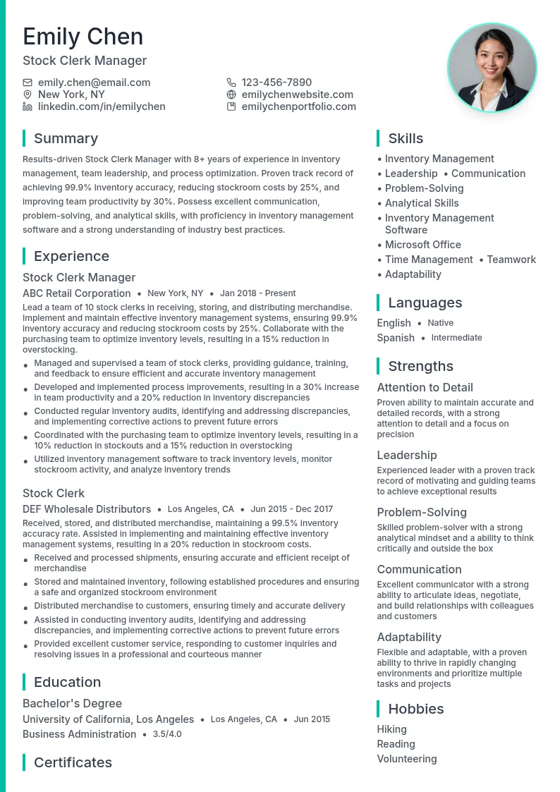 Stock Clerk Manager resume example