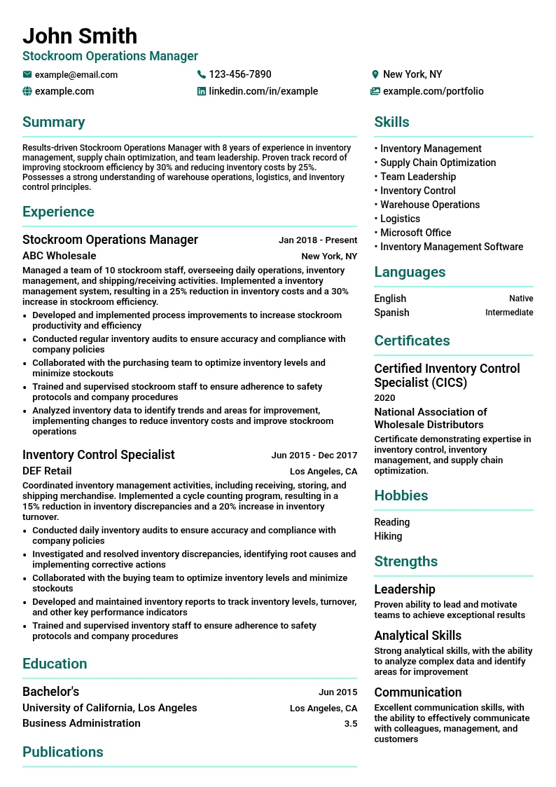 Stockroom Operations Manager resume example