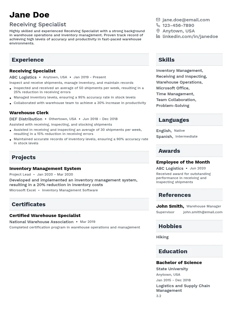 Receiving Specialist resume example