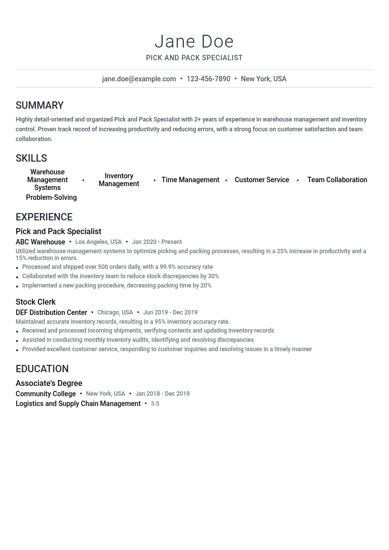Pick and Pack Specialist resume example