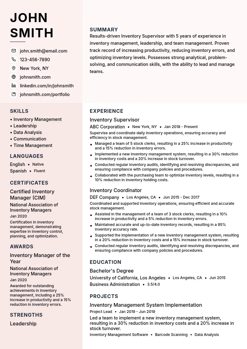 Inventory Supervisor resume example