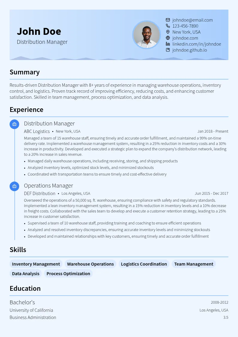 Distribution Manager resume example
