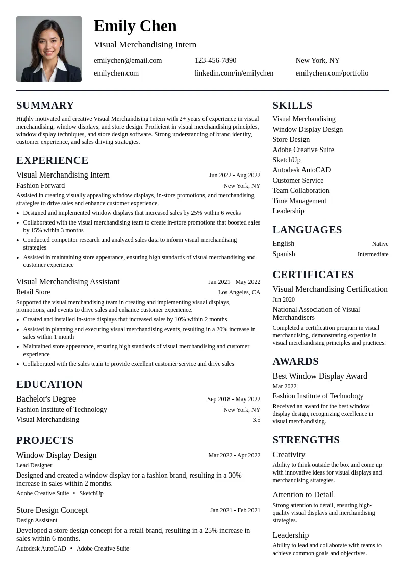 Visual Merchandising Intern resume example