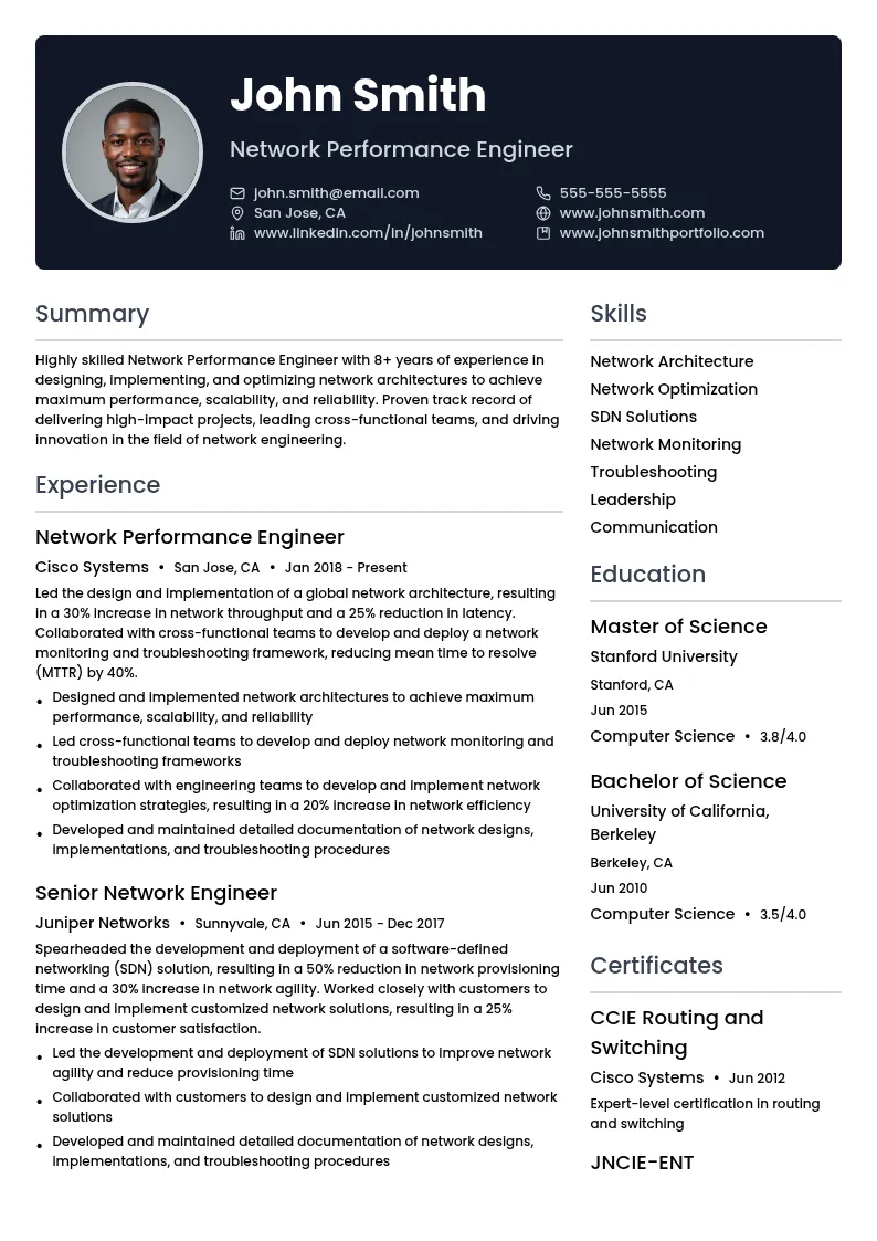 Network Performance Engineer resume example
