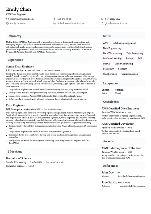 AWS Data Engineer (Database Management) resume example
