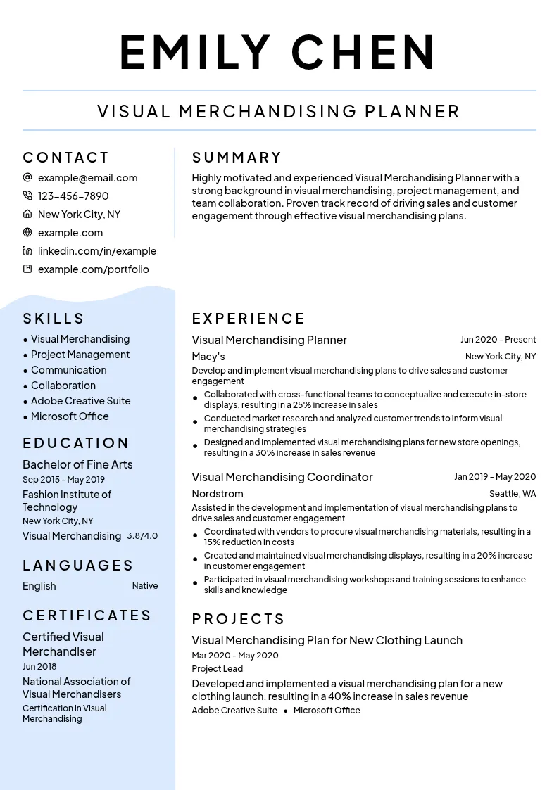 Visual Merchandising Planner resume example