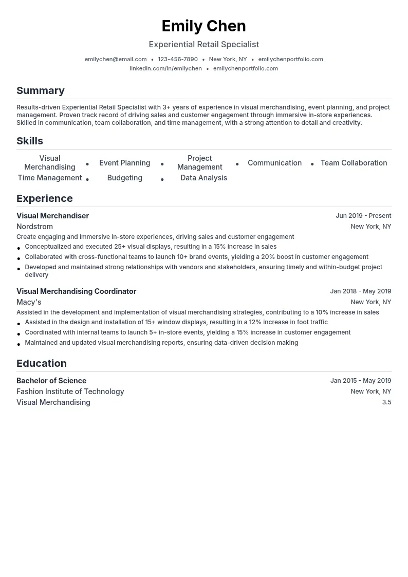 Experiential Retail Specialist resume example
