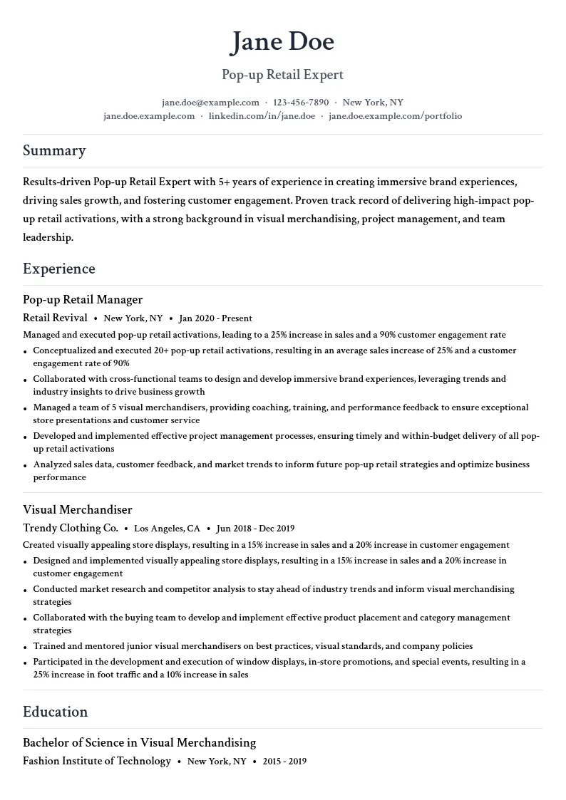 Pop-up Retail Expert resume example