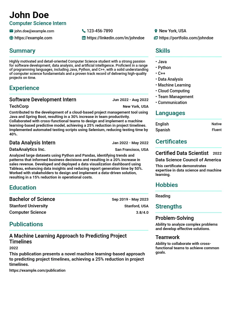 Computer Science Intern resume example