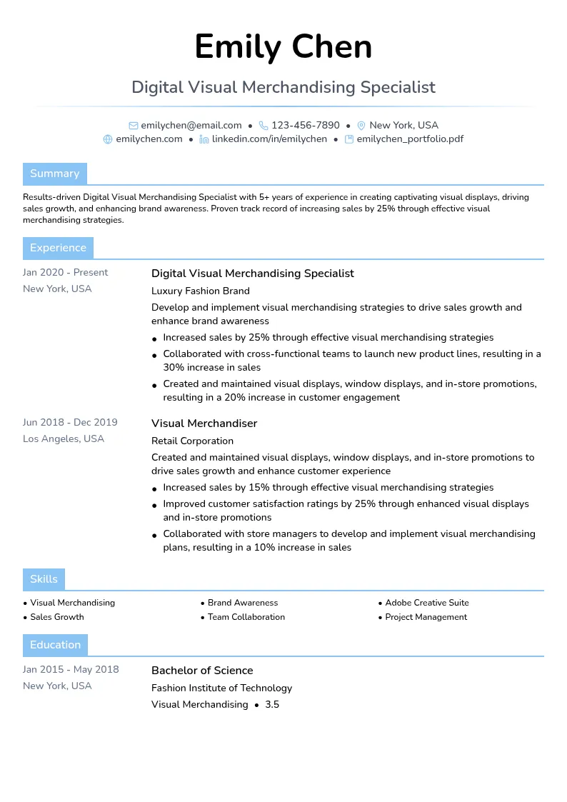 Digital Visual Merchandising Specialist resume example