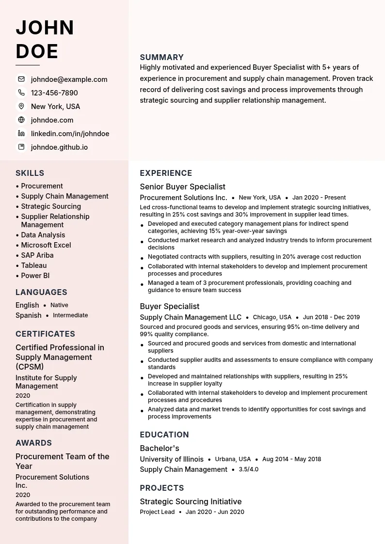 Buyer Specialist resume example