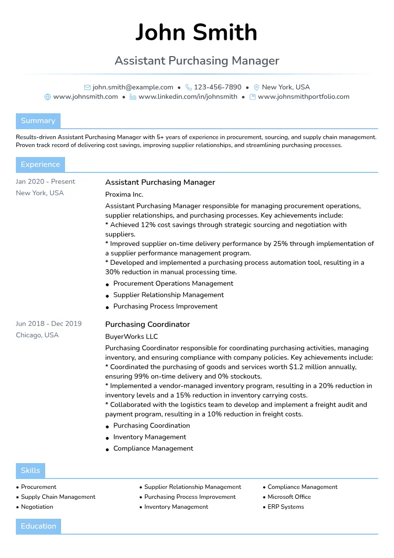 Assistant Purchasing Manager resume example