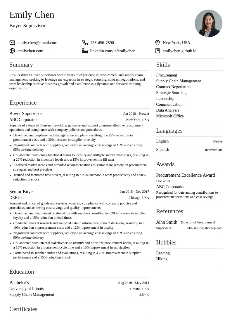 Buyer Supervisor resume example