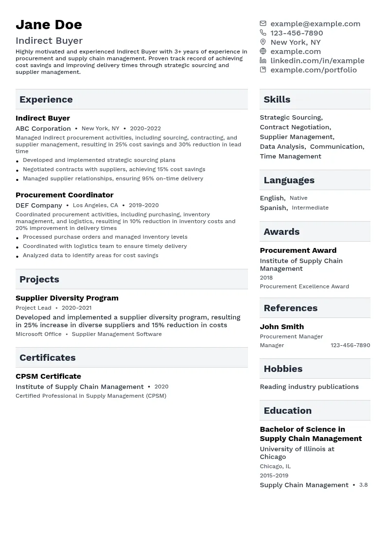 Indirect Buyer resume example