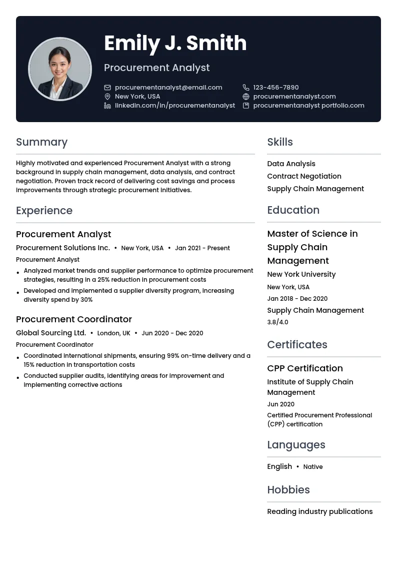 Procurement Analyst resume example
