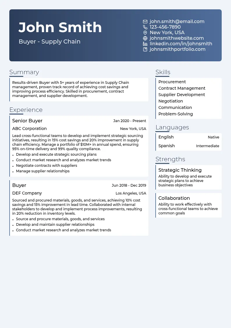 Buyer - Supply Chain resume example