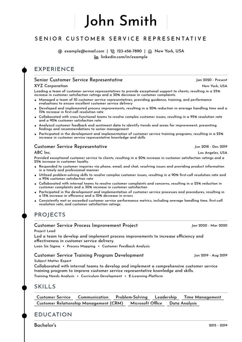 Senior Customer Service Representative resume example