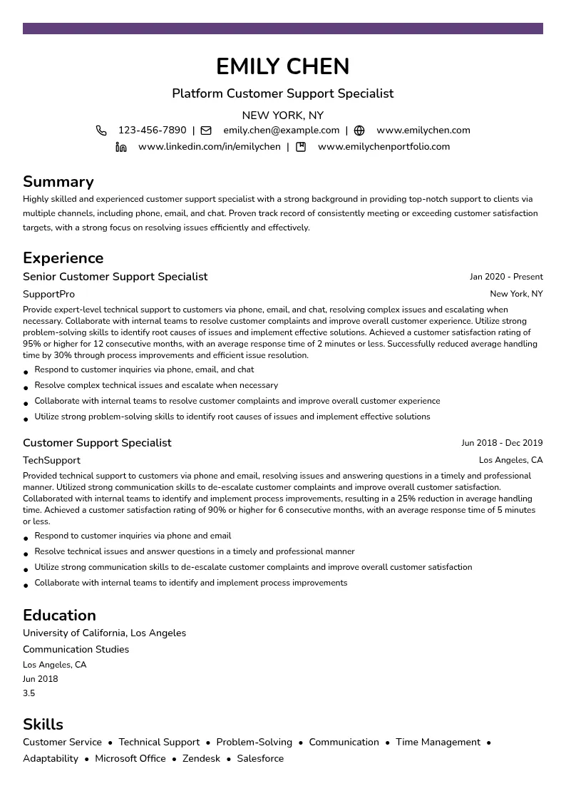 Platform Customer Support Specialist resume example