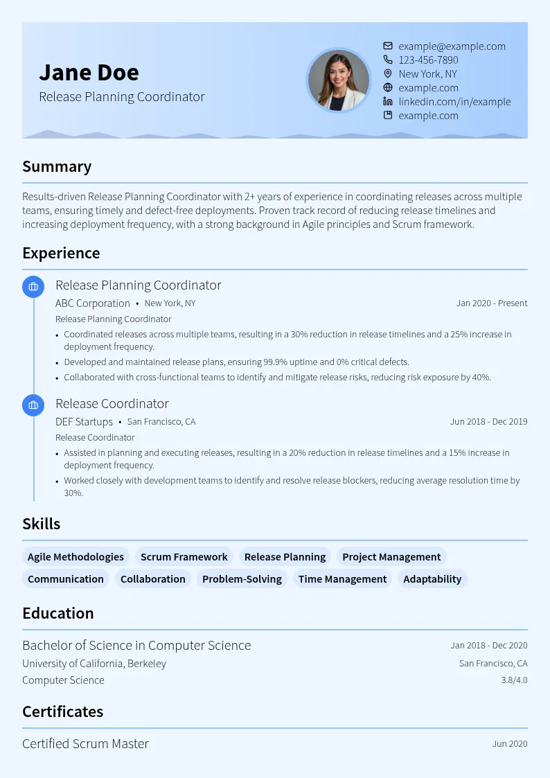 Release Planning Coordinator resume example