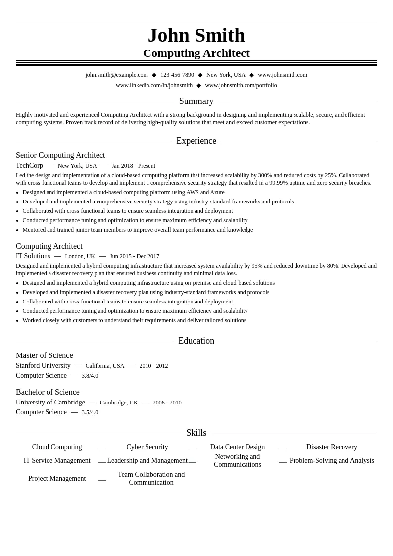 Computing Architect resume example
