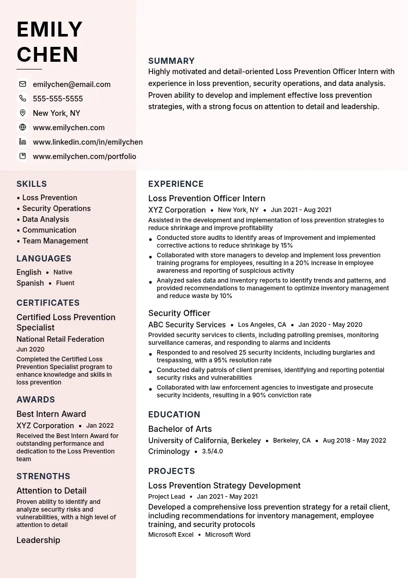 Loss Prevention Officer Intern resume example