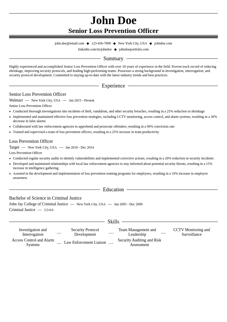 Senior Loss Prevention Officer resume example
