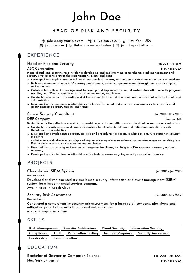 Head of Risk and Security resume example