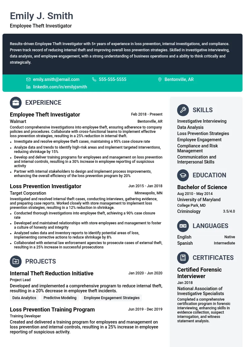 Employee Theft Investigator resume example