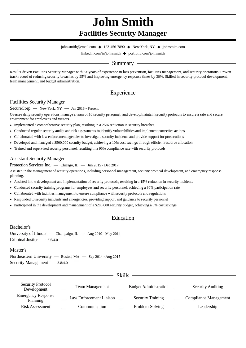 Facilities Security Manager resume example