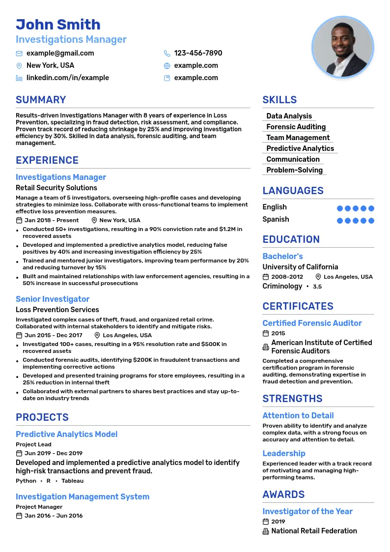 Investigations Manager resume example