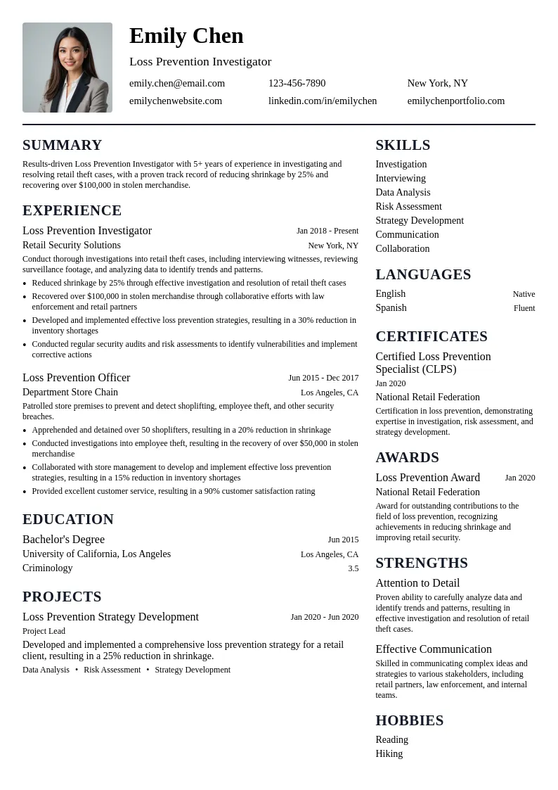 Loss Prevention Investigator resume example
