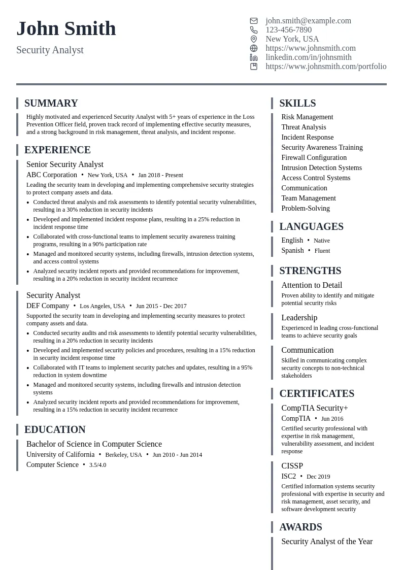 Security Analyst resume example