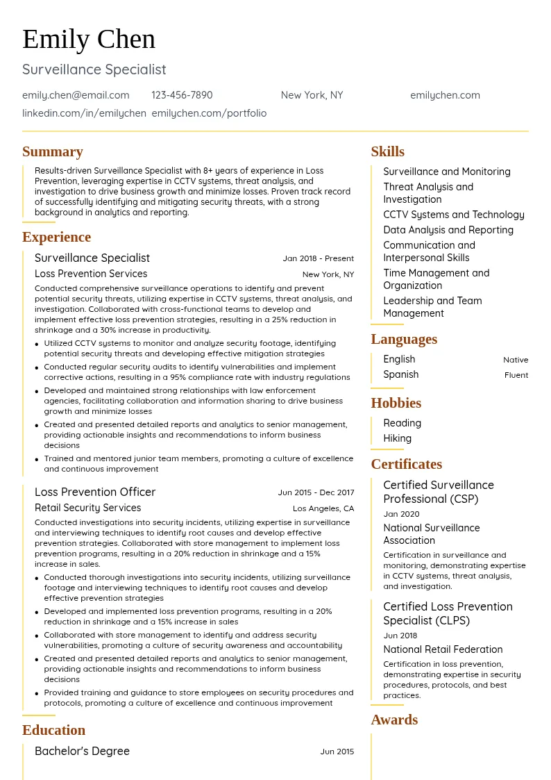 Surveillance Specialist resume example