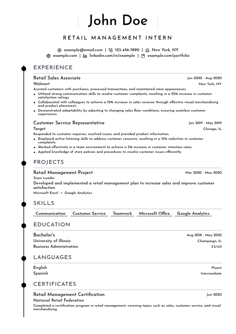 Retail Management Intern resume example