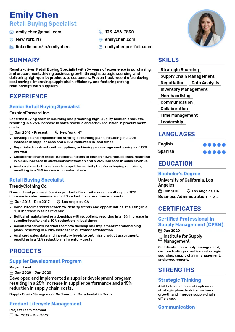 Retail Buying Specialist resume example