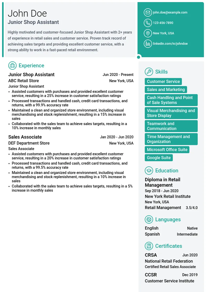 Junior Shop Assistant resume example
